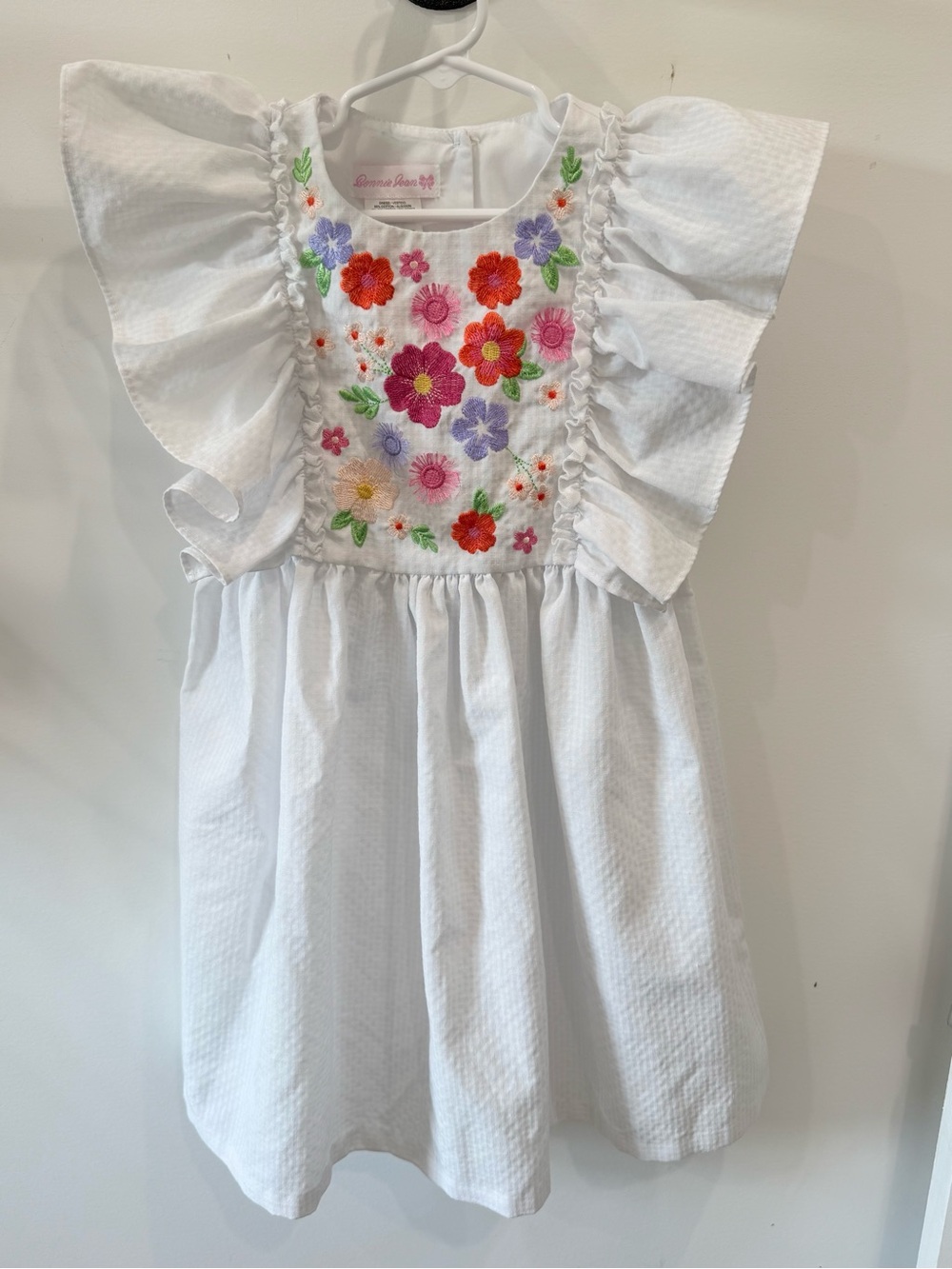 Bonnie Jean White Floral Embroidered Kids Dress with Ruffle Sleeves 6x
